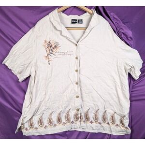 VTG Erika Camp Shirt Paisley Print Bamboo Scrypt Linen Blend 2XL Khaki